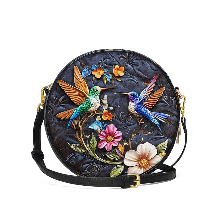 Leather Circle CrossBody Handbag - Hummingbird Dream