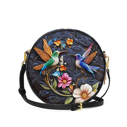 Leather Circle CrossBody Handbag - Hummingbird Dream