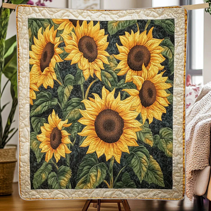 Flat Print Faux Quilt Blanket - Golden Sunflower Throw